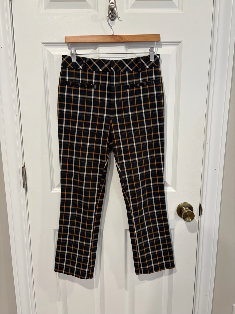 Anthropologie Black Plaid Cropped Pants with Mustard and White Windowpane